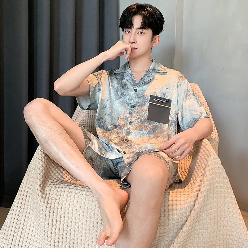 Summer Men's Silk Imitation Pajamas Print Sleepwear Cardigan Pajama Sets Casual Sleep&Lounge Pyjamas Short Sleeve Shorts Pijamas