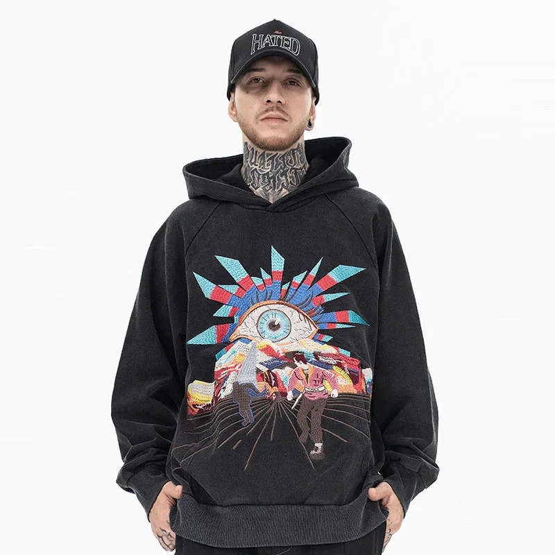 

Men's Autumn/ Winter Hooded Sweatshirt Hip-hop Embroidery Omniscient Eye| Loose Oversized Black Sweatshirt Jacket Coat
