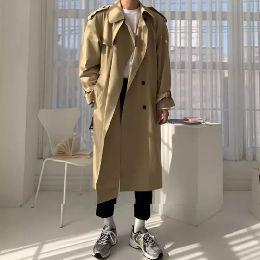 Korean Style Spring Trench Coat Man Streetwear Windbreaker Men Solid Business Casual Loose Sashe Fashion Long Overcoat 남성 트렌치코트
