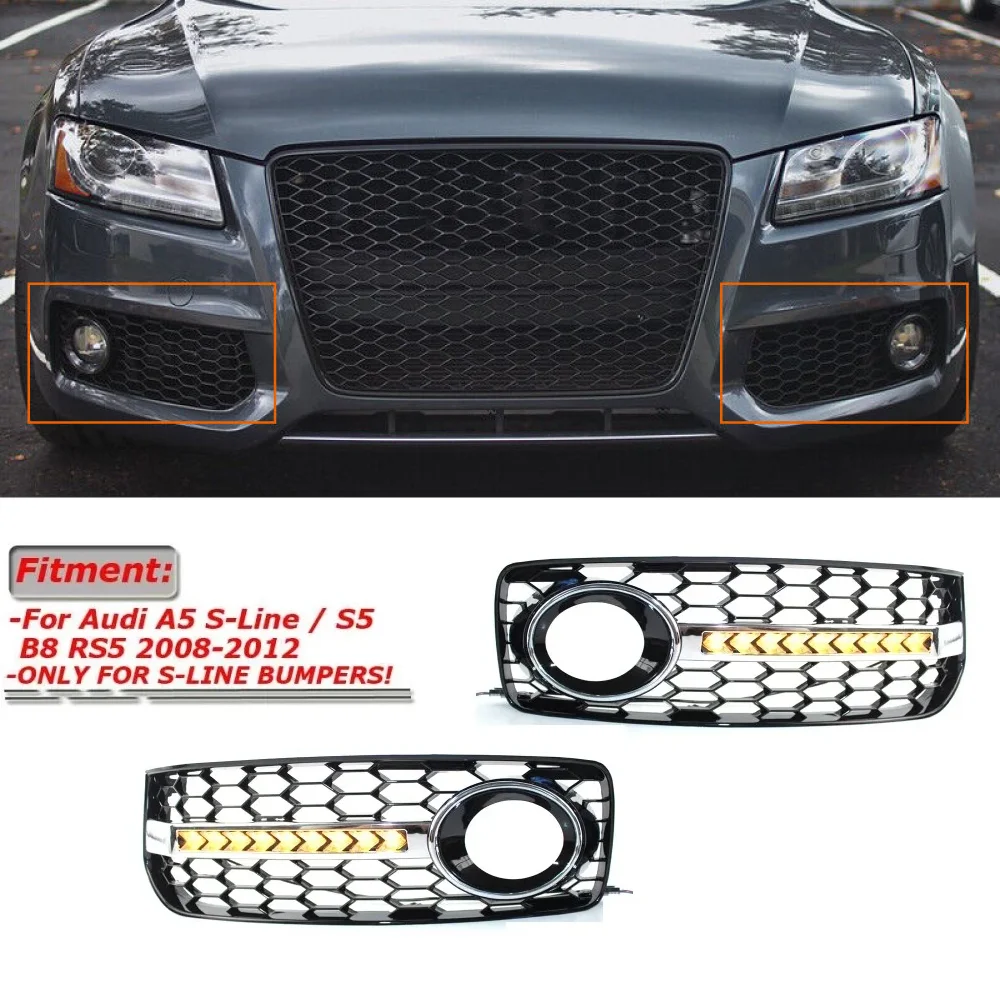 For Audi A5 S Line S5 B8 RS5 2008-2012 Car Left Right Bumper Fog Light Lower Grille Grill Cover Honeycomb Hex With DRL LED Lamps