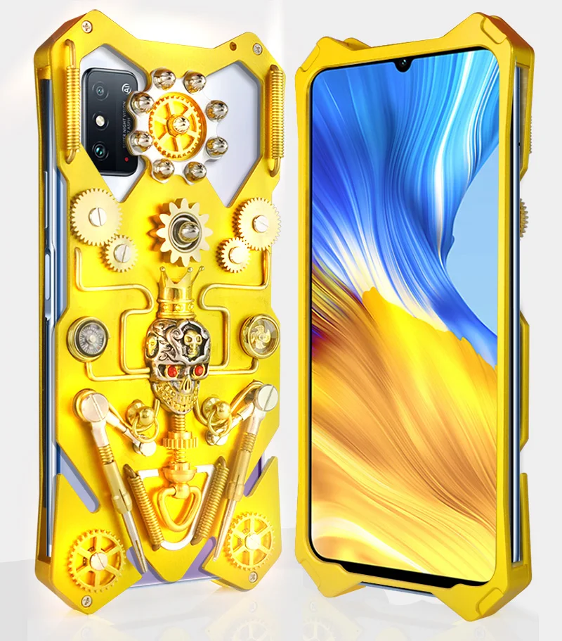 

Original Luxury Armor Metal Aluminum Phone Case For Honor 10x Max 30 Lite Play4 Cover Mechanical Purely Handmade Skull Shell