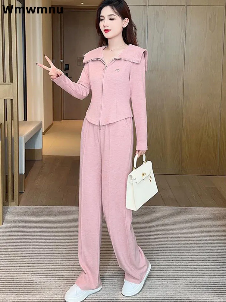 

Women's Casual Sports Two Piece Set Outfit Fashion Lapel Baggy Conjuntos Drawstring Loose Straight Wide Leg Pants Ensembles