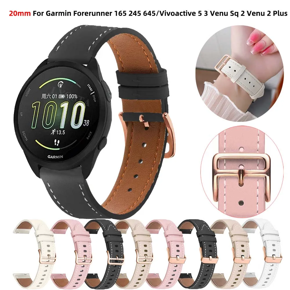 20mm Leather Strap For Garmin Forerunner 165 645 245 55 Vivoactive 5/3 /Venu SQ 2 Plus /Vivomove HR Watchband Bracelet Wristband