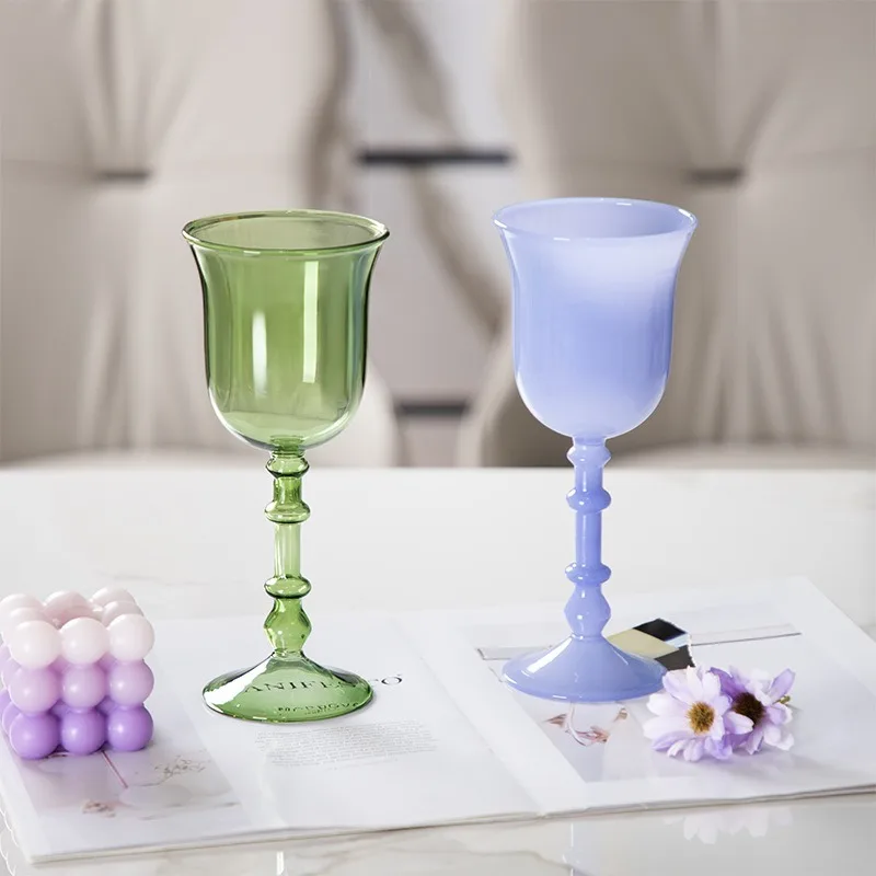 1pc Goblet High Footed Glass French Colored Sweet Wine Glass Roman Pillar Colored Glass Home Decoration
