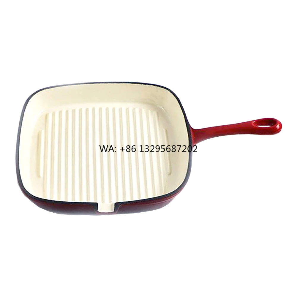 

Чугунная сковорода-гриль с красной эмалью, квадратная сковорода для стейка с антипригарным покрытием и ручкой для приготовления пищи на гриле и на кухне