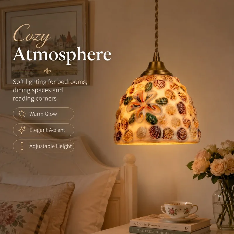 

French Glass Retro Style Pendant Lamp Nostalgic American Style Foyer Bedroom Bedside Table Bar Atmosphere Bedside Shell Lamp