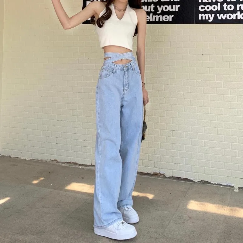 زر سستة عالية الخصر بلون المألوف عالية الخصر حزام الجينز المرأة فضفاضة واسعة الساق السراويل مستقيم بنطلون