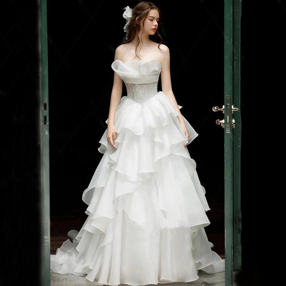 

Princess Strapless Tiered Wedding Dress Elegant A-Line Floor Length with Applique Sexy Open Back with Lace Up Bridal Gowns