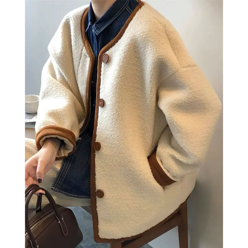 2025 سيدة الموضة الجسيمات المخملية سترة المرأة الكورية كسول طويلة الأكمام معطف فوقي الخريف الشتاء الإناث رشاقته صوف الضأن أبلى