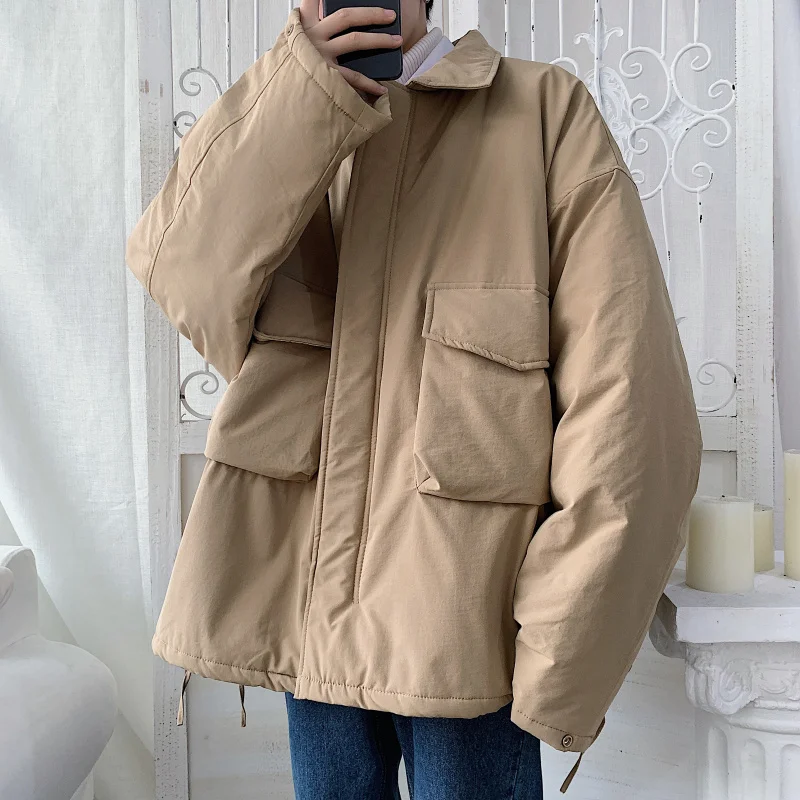 

Winter Jacket Men Warm Fashion Casual Oversized Cotton Short Coat Men Korean Loose Pocket Tooling Coat Mens Thicken Coat Clothes
