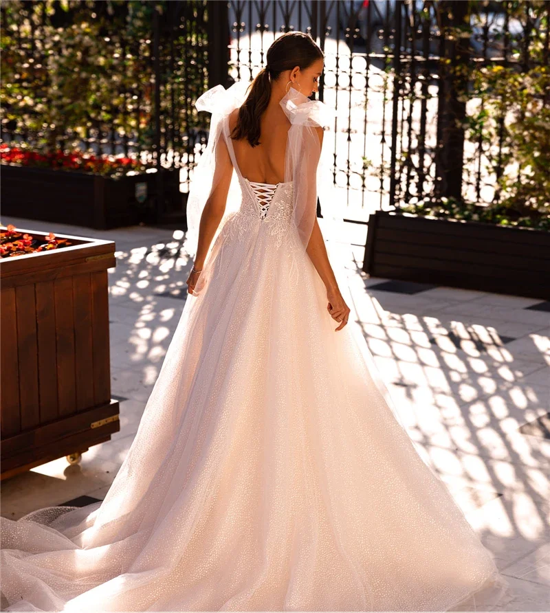 فساتين زفاف لامعة للنساء دانتيل زينة الأشرطة عارية الذراعين ألف خط بوهو زي العرائس Vestidos Novias Boda #2