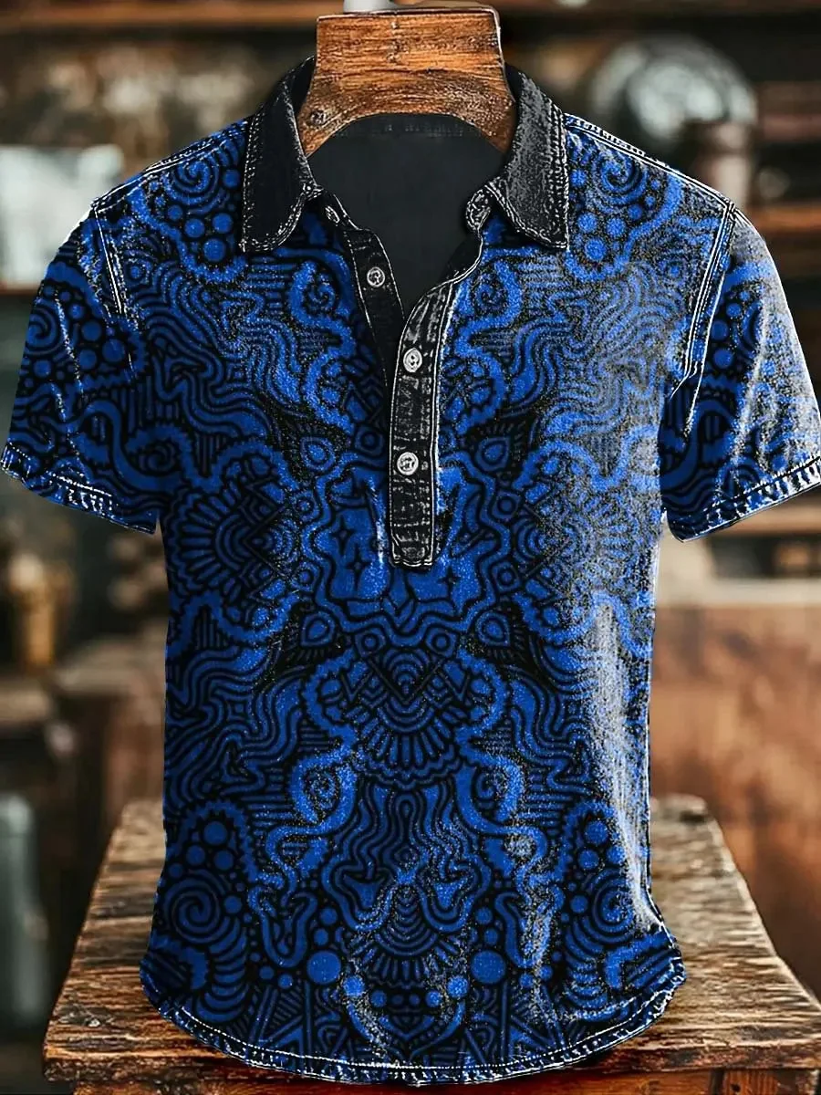 Neues Retro Vintage Batik-Streifenmuster Herren Kurzarm-Poloshirt mit Denim-Stil und lässigem Kragen – Detail 11