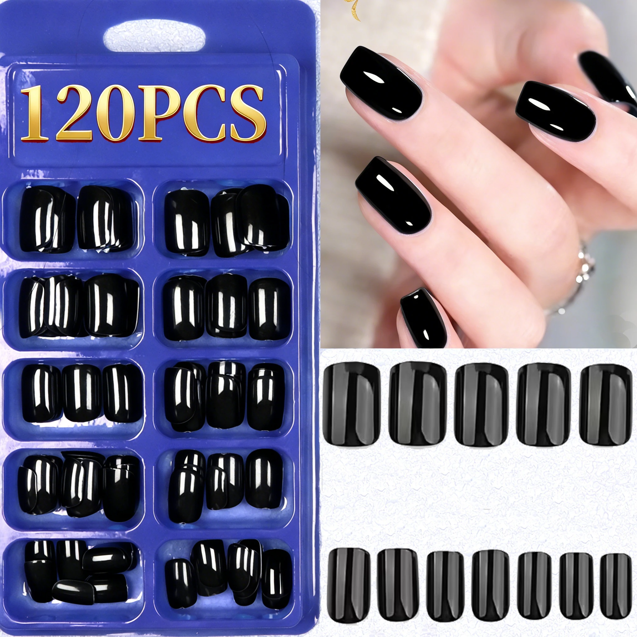 120PCS Press French Mid-Length Square Fake Nails Solid Color Design Reusable Acrylic False Nails Whitening Nail Art And DIY
