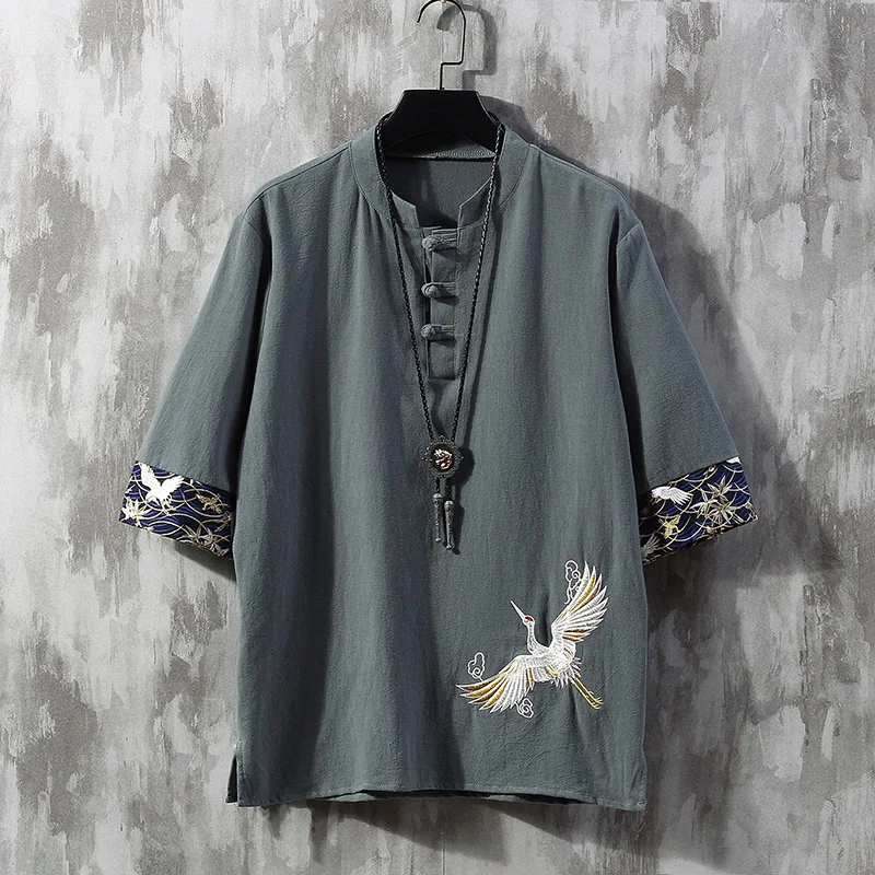 

Loose Fit Linen ort Sve T-irt Men's Embroidered Summer Thin Large Size Tang Costume Sle Cotton Linen Body irt