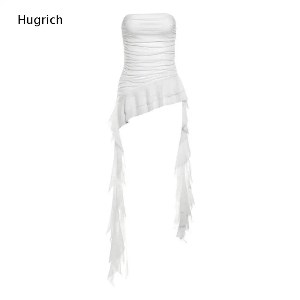 Simple White Strapless Gathered Blouse Irregular Hem Two Sides Long Sheer Mesh Ruffle Streamer Sleeveless Slim Top