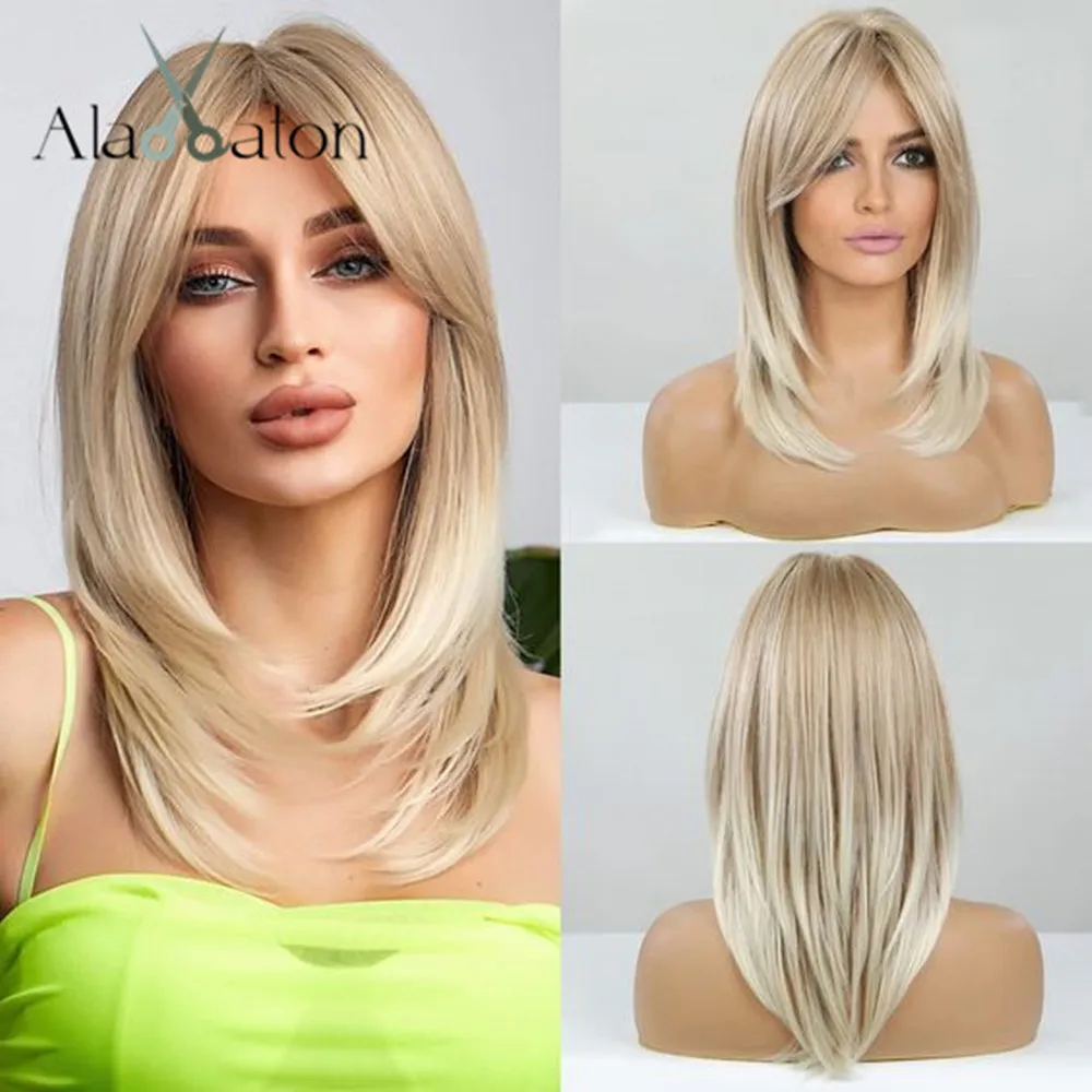 ALAN EATON Long Blonde Layered Wigs for Women Synthetic Wig with Bangs Natural Looking Straight High Temperature Hair for Daily