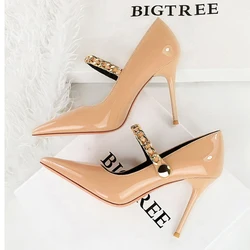 BIGTREE Spring Metal Decoration CHAIN Women Pumps Elegant Buckle Strap Thin Heels Party Shoes Zapatos Mujer