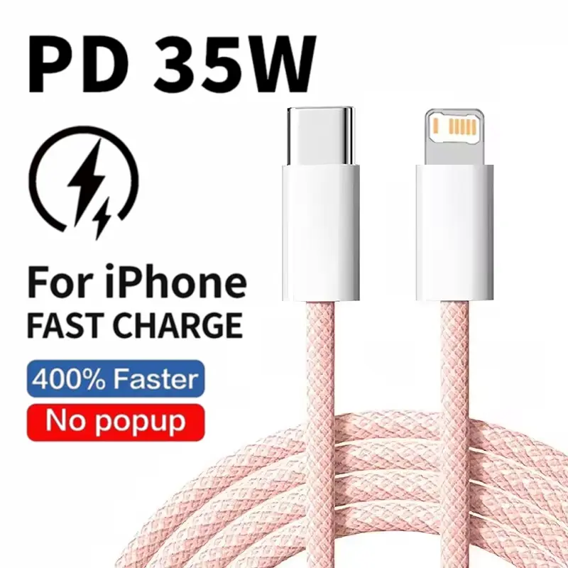كابل شحن سريع مضفر 35 واط PD لهواتف آيفون 13 14 برو ماكس 11 12 ميني X XR XS ماكس 7 8 بلس كابلات بيانات USB-C سريعة الشحن 1 متر 2 متر - 4