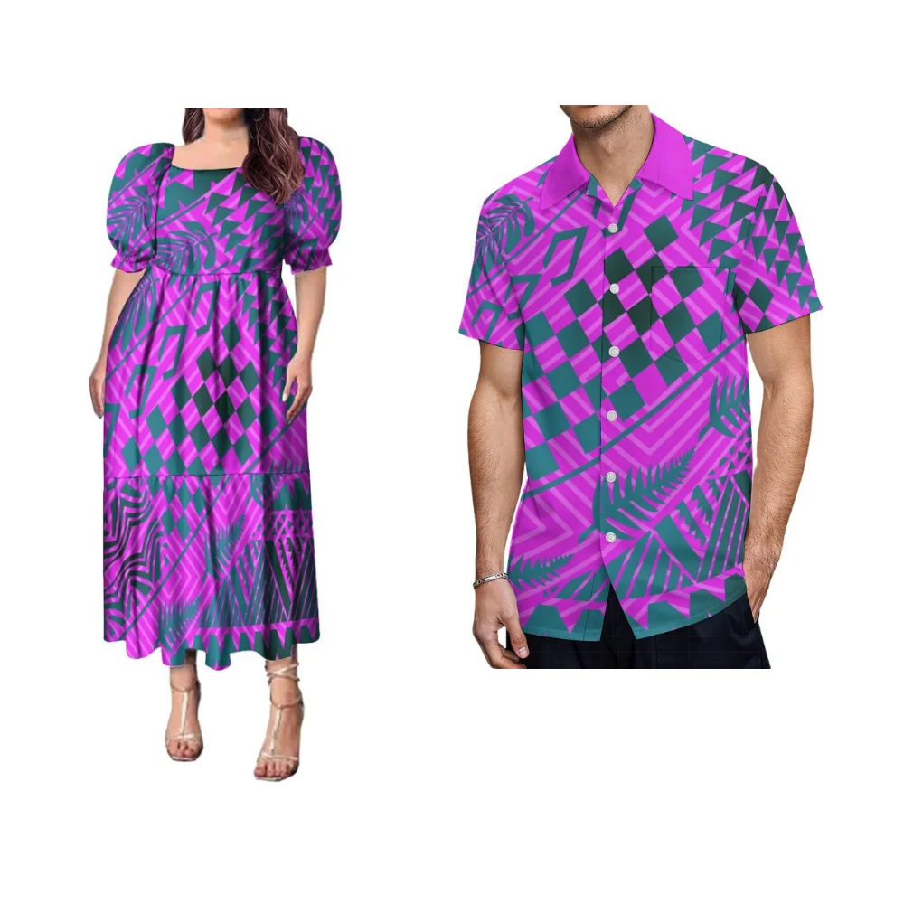 

Polynesian Couple Dress Custom Tribal Ethnic Print Hibiscus Flower Design Women'S Puffed Sleeve Dress Men'S Shirt 2024