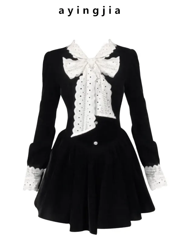 

Velvet Knot Dress Women's Autumn Winter Slimming High Waist Black Dress Luxury Feel Commute Style Long Sleeve Short...