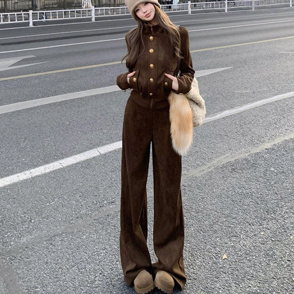 Retro Slimming Temperament Jacket And Wide Leg Pants Two-Piece Set for Women Autumn Winter Advanced Style