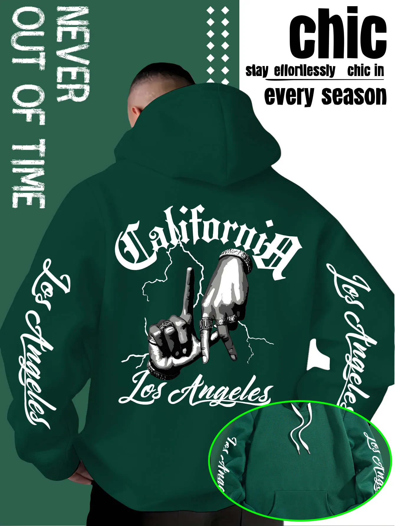 Herren-Hoodie mit Kalifornien-Los Angeles-Grafikdruck, Oversized Streetwear Hip-Hop Pullover, Lässiger Loose-Fit Kapuzenpullover – Detail 3