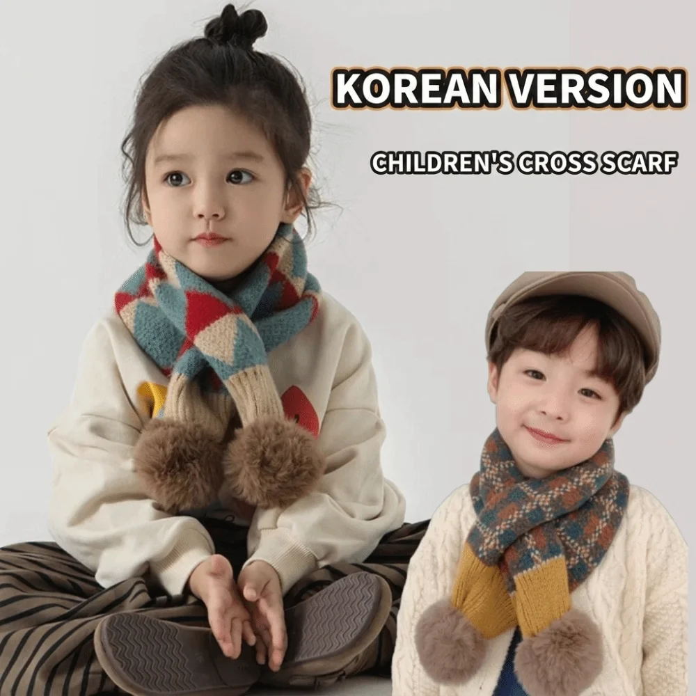 Soft Pompon Trim Plaid Knitted Scarf Warm Thicken Fabric Stripe Pattern Warm Neckerchief Warm Neck Cover Winter Knit Scarf