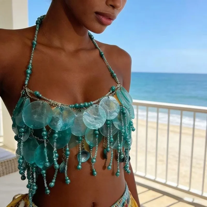 Handgefertigtes Funkelndes Meeresfeen-Top-Kostüm für Frauen, Bauchtanz-Outfit mit Grünen und Roten Perlen, Pailletten-Besetztes Oberteil, Rave-Outfit, Perlen-BH-Oberteil – Detail 7
