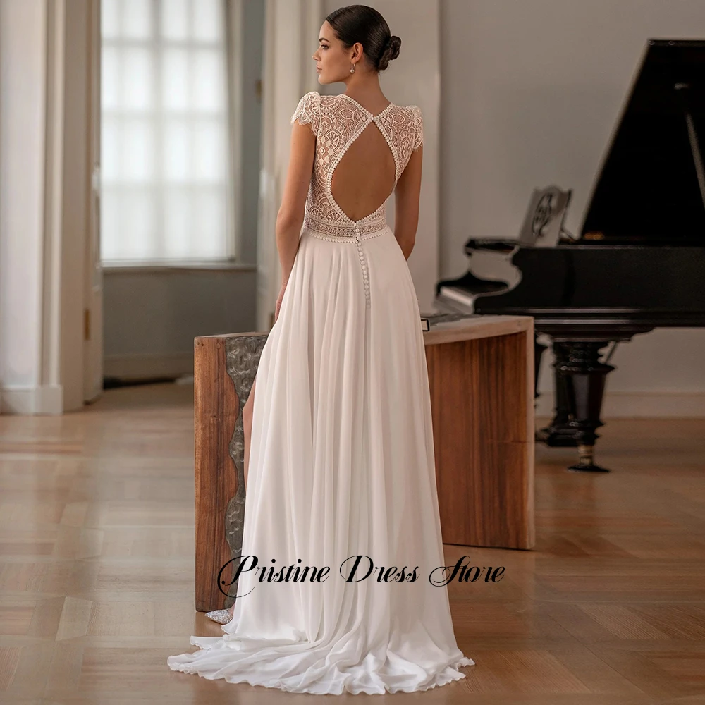 Classic Beach Chiffon Wedding Dress for Women Customized Deep V-Neck Cap Sleeves Appliques Lace Bridal Gowns with Side Slit