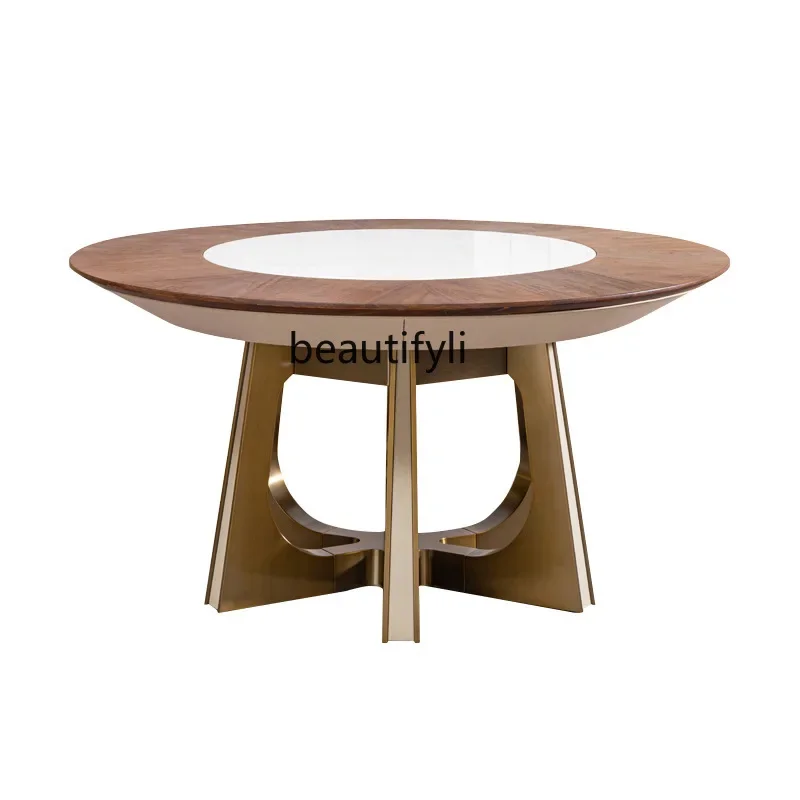 

Italian light luxury dining table high-end dining table designer embedded rotatable walnut round dining table