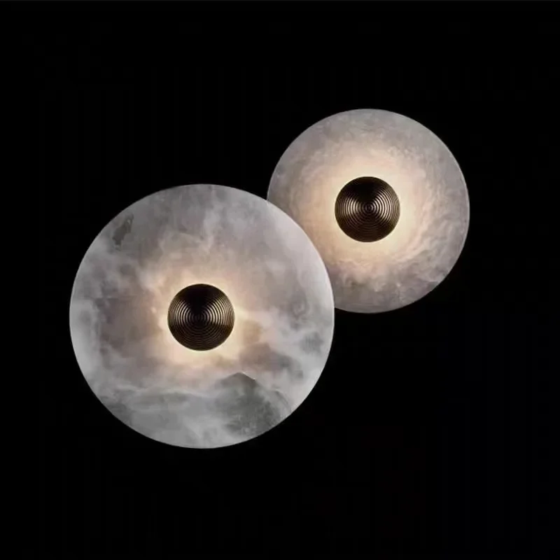

New Chinese bedroom bedside wall lamp marble all copper round living room TV background wall Nordic minimalist corridor lamps