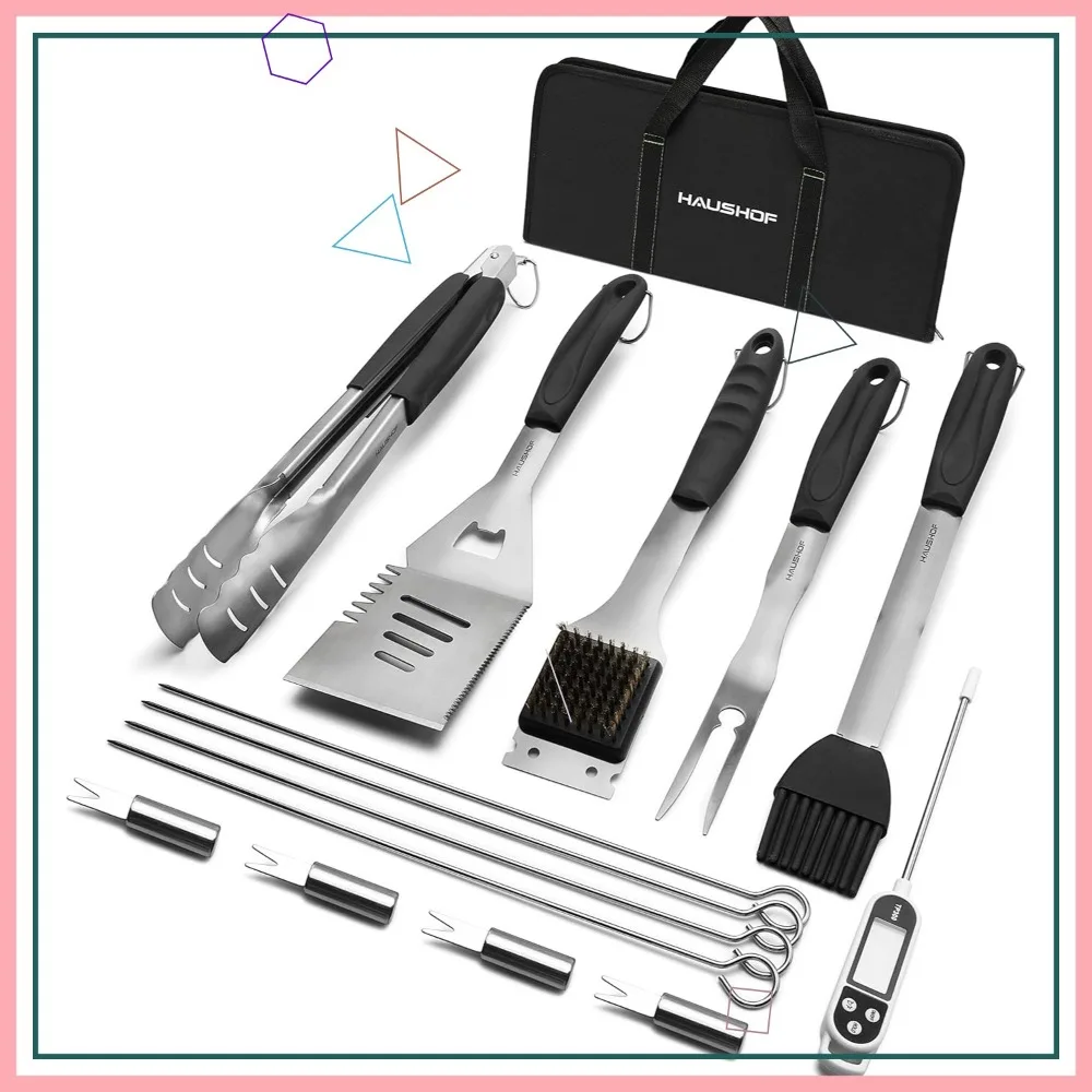 

15-Piece Heavy Duty Stainless Steel BBQ Grill Set with Spatula, Tongs, Thermometer, Bag - Ideal Gift for Outdoor Cooking