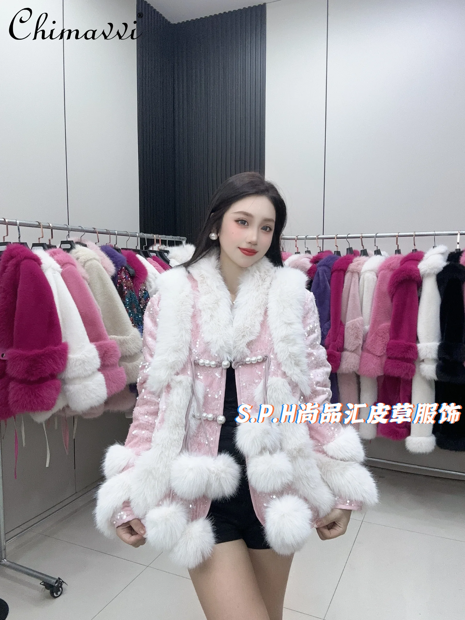 Winter New Heavy Industry Sequined Fur Coat Women\'s Light Luxury Long-sleeved Mid-length Thickened Cotton Warm Faux Fur Jackets