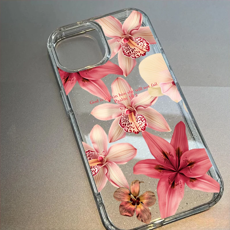 Elegante Funda Transparente con Diseño de Hibisco Rosa y Purpurina para iPhone 17 16 15 Pro Max 14 13 12 11 7 8 Plus 17E XS X XR