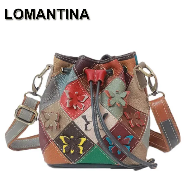 LOMANTINA Colorful Butterflies Genuine Leather Bucket Bags For Girls High Quality Designer Small Crossbody Messenger Bag Tote