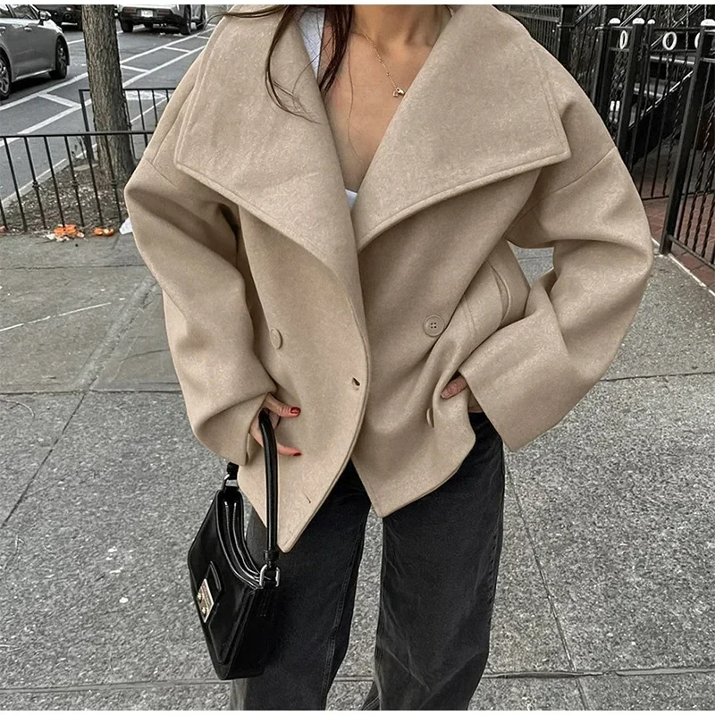 

Autumn Winter Wool Coat Women Lapel Long Sleeves Double Breasted Khaki Short Blazer Jacket 2024 Fashion Warm New in Outerwear