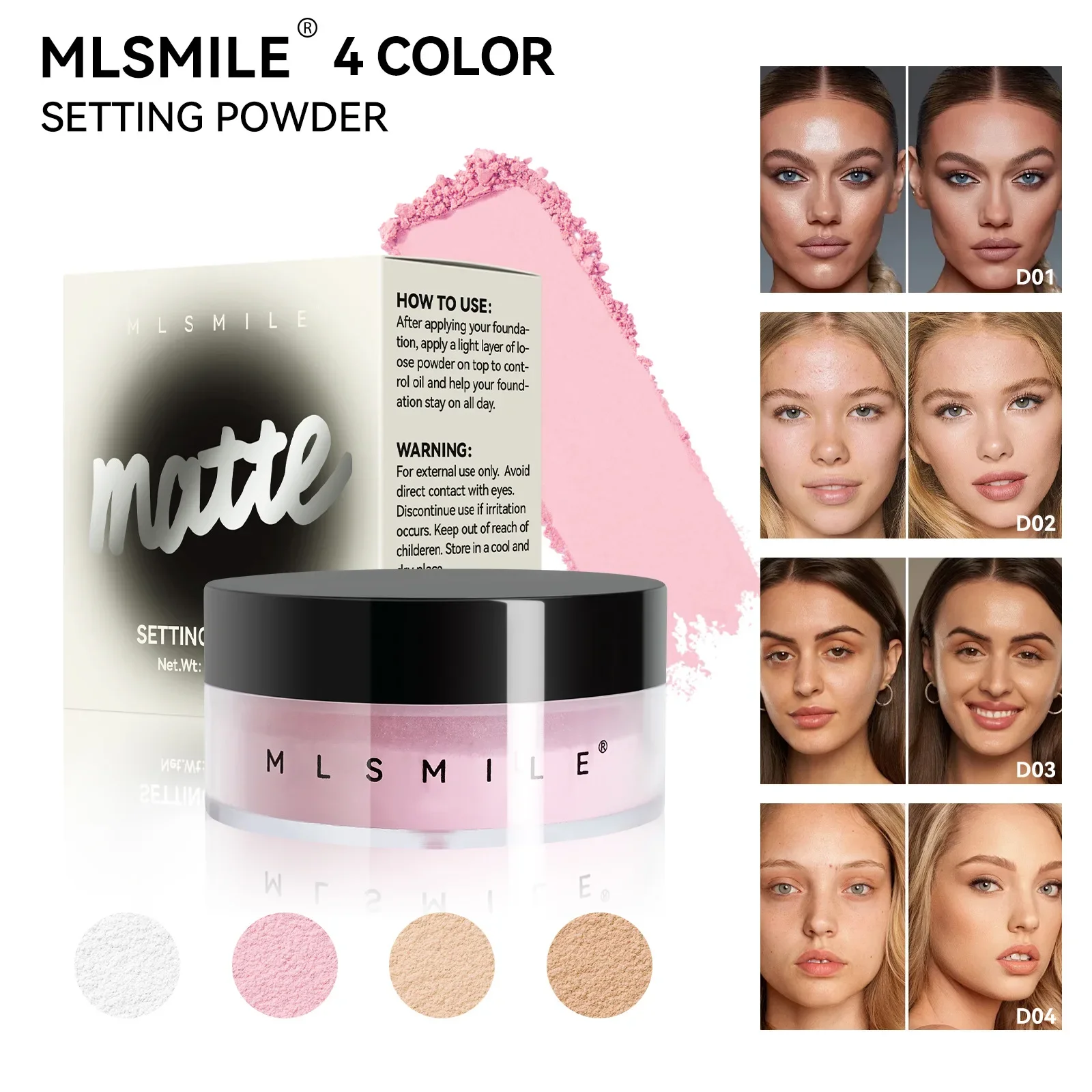 4 Colors Loose Powder Waterproof Oil-Control Matte White Finish Compact Setting Powder Long-Lasting Transparent Pink Face Makeup