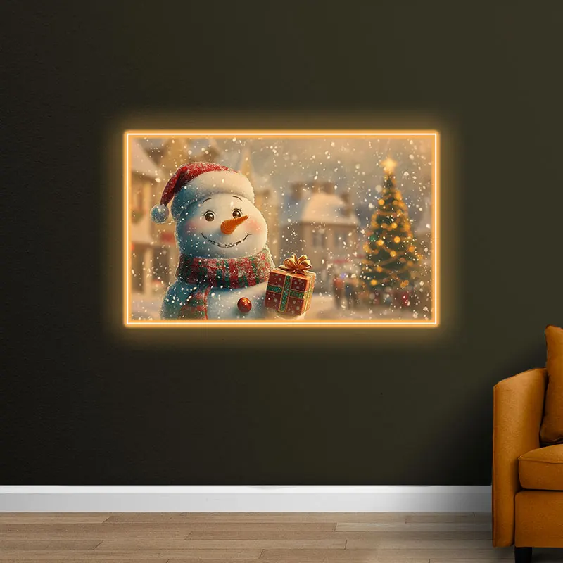 Festive Snowman Neon Wall Art – Cheerful Snowman with Gift & Neon Accents, Cozy Christmas Decor for Living Room or Kids Playroom