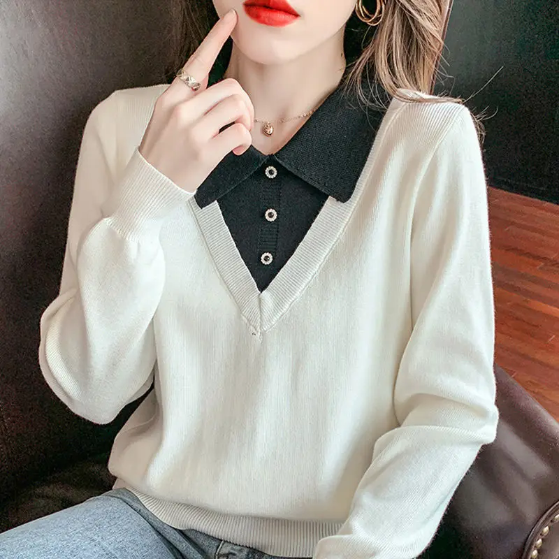 Long Sleeved Sweater Loose and Slimming Color Matching Fake Two-piece Knit Sweater Autumn and Winter New Base Coat Top Women