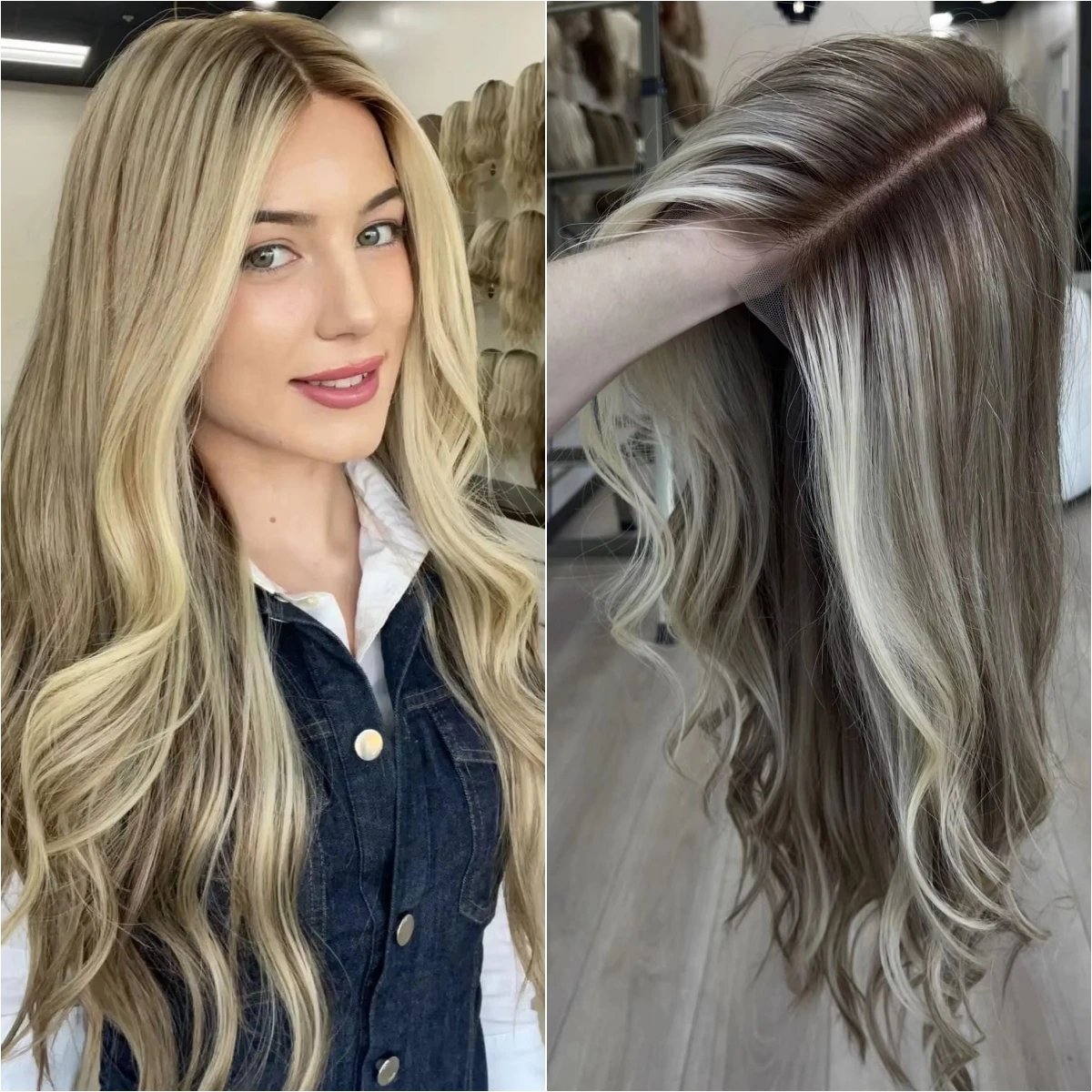 30 Inches Long Length Loose Wave Easy To Wear Synthetic Lace Top Wigs Ombre Light Brown With Blonde Highlights High Density Wigs
