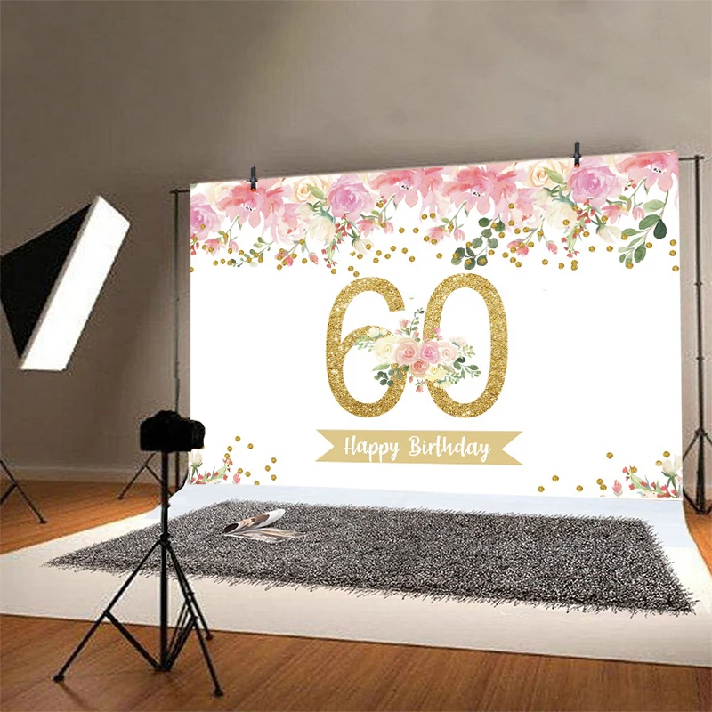 Pink 60th Photo Backdrop Sixty Women Men Happy Birthday Party 60 Years Old Flower Photograph Background Banner Decoration Prop