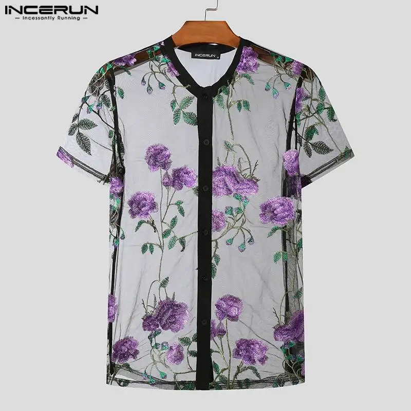 INCERUN Tops 2024 American Style Stylish New Mens Rose Jacquard See-through Shirts Sexy Hot Sale Thin Short Sleeved Blouse S-5XL