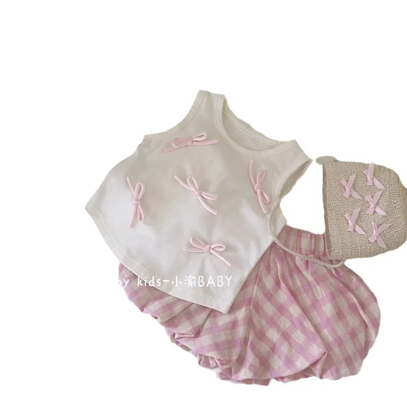 Children's Outfit New Summer Girl Baby Cute Sweet Bowknot Vest Pink Plaid Bloomers Two-Piece Set