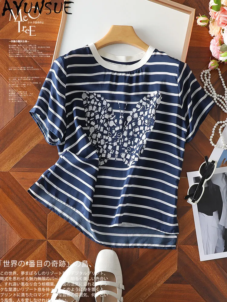 AYUNSUE 100% Real Mulberry Silk T Shirt Women Clothing Elegant T-Shirts Summer Ladies Tops Fashion Blue Striped Топ Женский