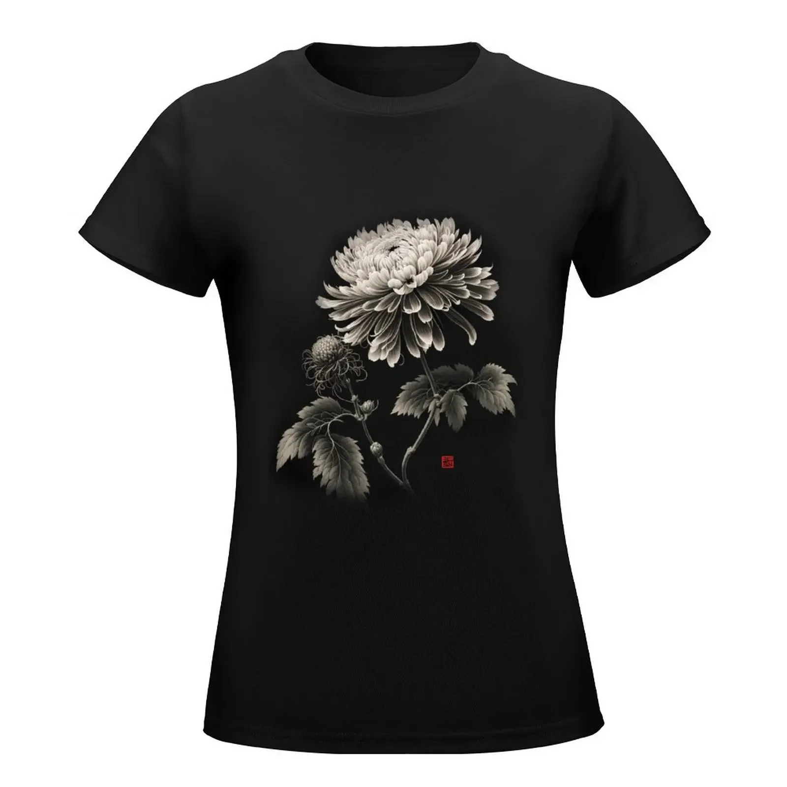 Sumi-e chrysanthemum flower (black background only) T-Shirt tops summer clothes oversized workout shirts for Women