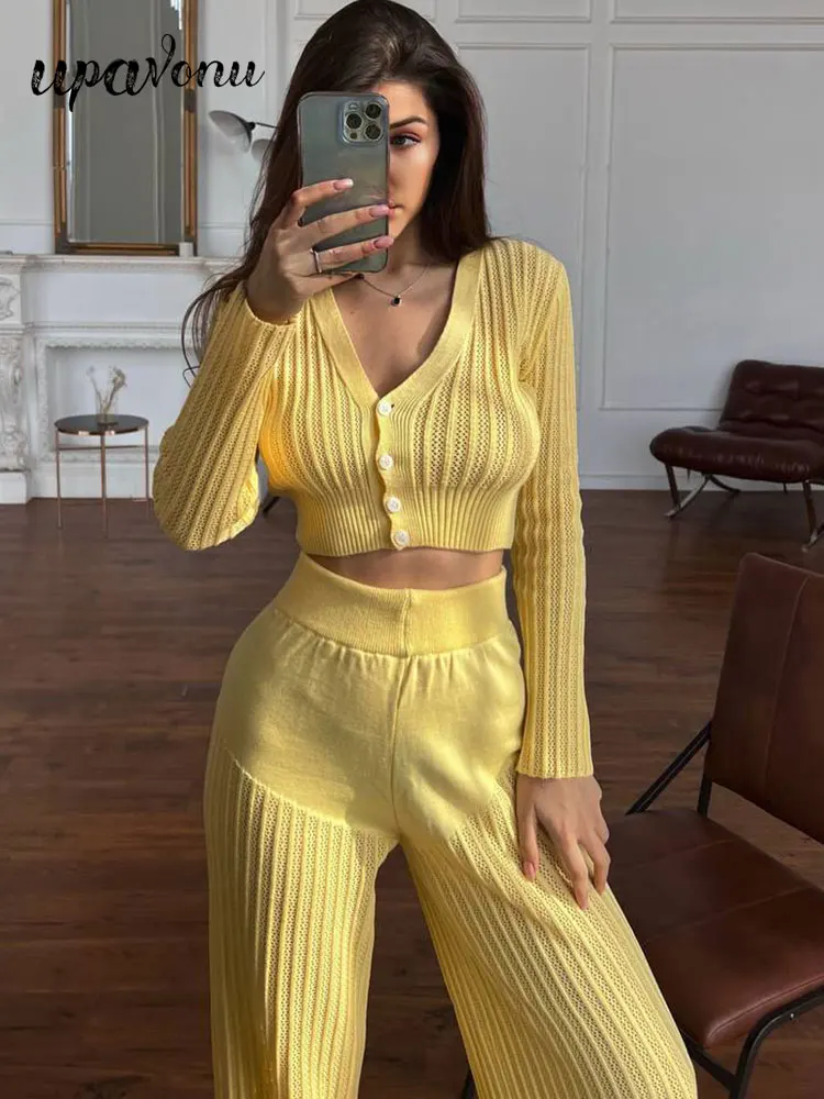 Sexy Hollow out Knitted Pants Sets Women\'s Long Sleeve Single breasted Short Knitted Sweater Cardigan&Flare Pants Two Piece Set