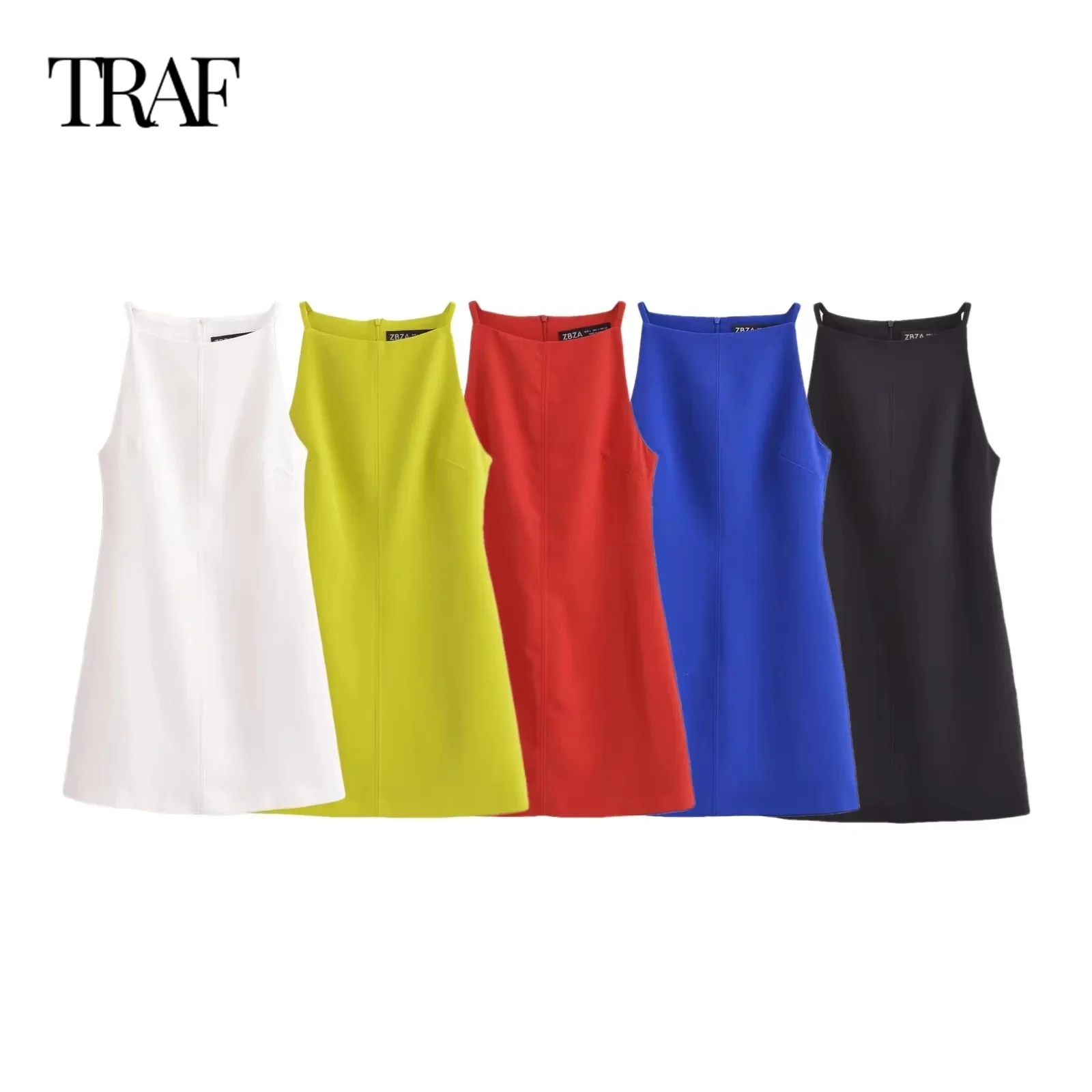 TRAF Women Fashion Summer New Solid Color Sling Back Zipper O-Neck Vest Short Dress Chic Female White Sleeveless Evening