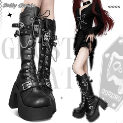 2024 Metal Chain Side Zipper Punk Tank Sole Motorcycle Boots Gothic Y2K Style Casual Boots Round Toe Platform Knee High Boots