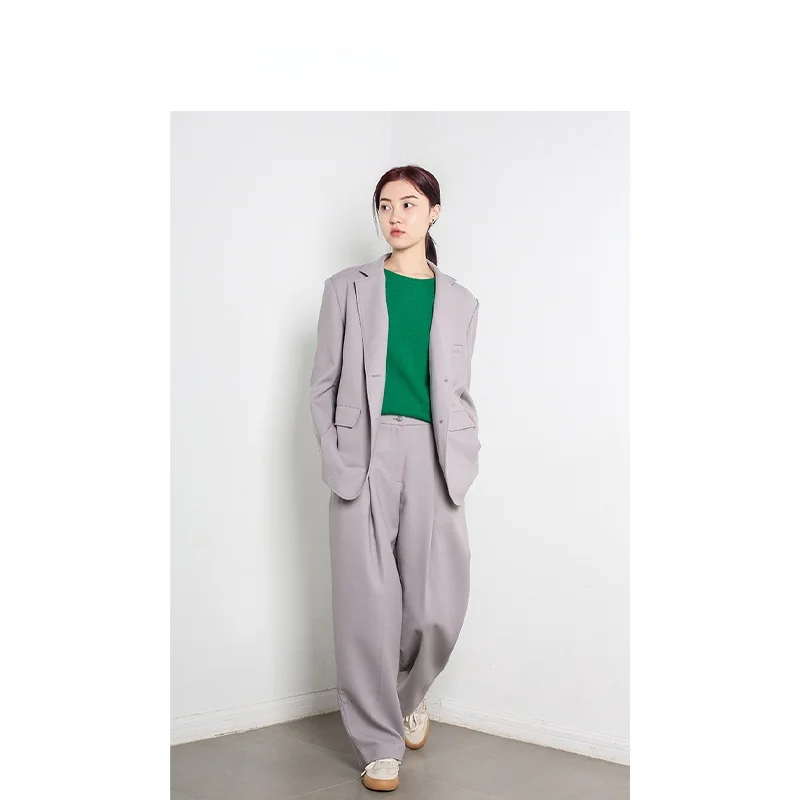 

Double Layer Woolen Women's Suit Jaet Casual Loose Fit Turn-down Collar Pants Two-piece Set Faionable Design Winter Outfit