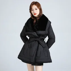 2023 Winter Women Mid Length Down Cotton Coat New Belt Mink Neck Jacket Fashion Women Thickened Parkas Warm Down Cotton Jacket